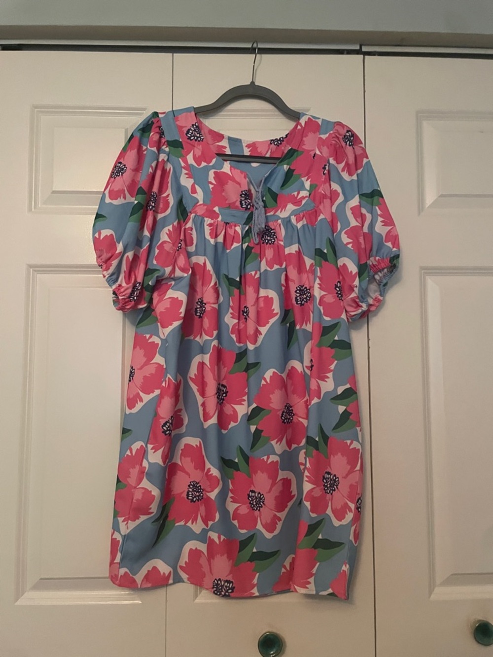 Women’s Floral Puff Sleeve Dress in Sky Blue and Pink